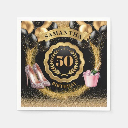 Schitterende Rozen gouden hakken servetten met bal (Voorkant)