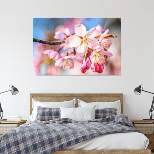 Schitterende Sakura Bloemen. Beige En Blauwe Achte Canvas Afdruk (Insitu (Slaapkamer))