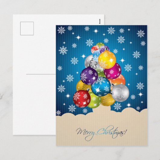 Schitterende sneeuwval op multi-gekleurde kerstbal feestdagenkaart (Voorkant / Achterkant)