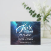 Schitterende sterren Blauwe Nevel Donkere Save the Date (Staand voorkant)