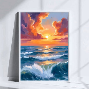 Schitterende zee zonsondergang oceaan aquarelschil poster