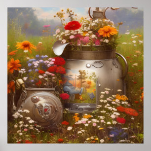 Schitterende zonnebloemen rode witte blauwe rode z poster