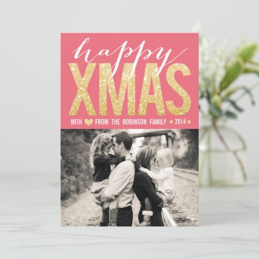 Schittert het Roze Goud van Kerstmis de Vlakke Feestdagenkaart (Staand voorkant)