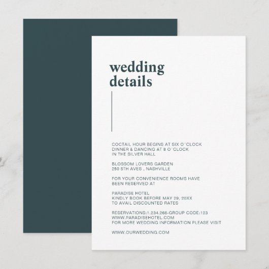 Schlicht modern Weiß, Teal Details Informatiekaartje (Voorkant / Achterkant)