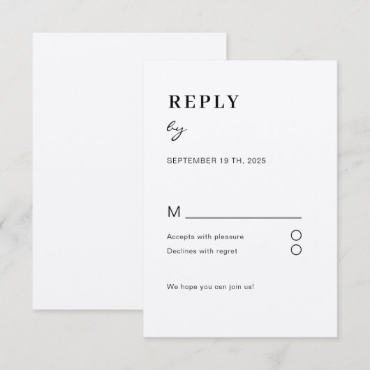 Schlicht moderne Weiß Schwarz RSVP Begleitkarte Informatiekaartje (Voorkant / Achterkant)