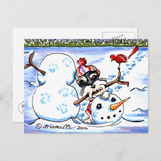 Schnauzer Building Snowman Off-Leash Art™ Briefkaart (Voorkant / Achterkant)