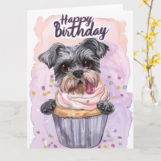 Schnauzer Cartoon Anime Cupcake Pooten Kaart (Gele Bloem)