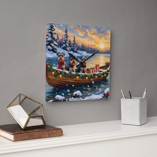 Schnauzer Christmas Boat Holiday Vierkante Klok (Kantoor)