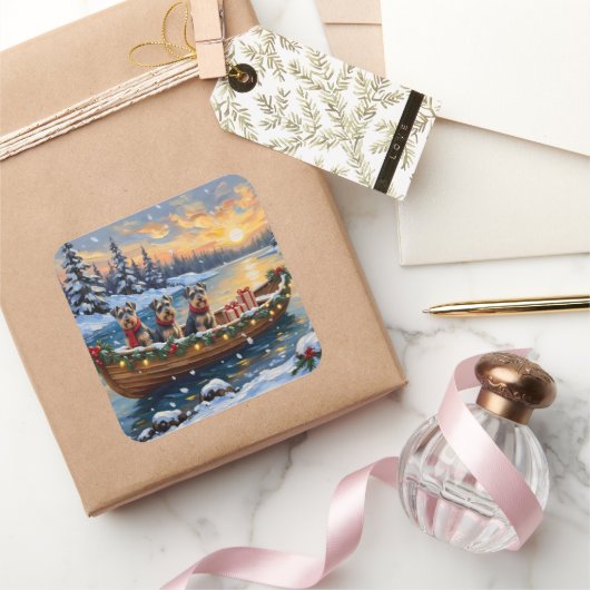 Schnauzer Christmas Boat Holiday Vierkante Sticker (Geschenken)