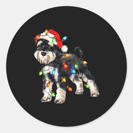 Schnauzer Christmas Dog Christmas Lights Santa Hat Ronde Sticker (Voorkant)