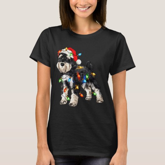 Schnauzer Christmas Dog Christmas Lights Santa Hat T-shirt (Voorkant)