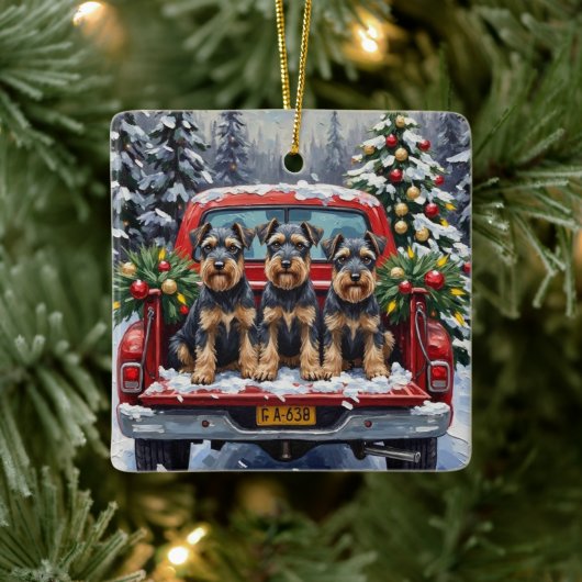 Schnauzer Christmas Red Truck Holiday Keramisch Ornament (Boom)