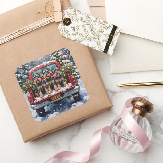 Schnauzer Christmas Red Truck Holiday Vierkante Sticker (Geschenken)