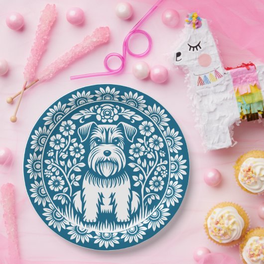 Schnauzer Custom Kleur Victoriaans Bloemen Papieren Bordje (Feest)