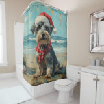 Schnauzer Dog Christmas  Beach Douchegordijn<br><div class="desc">Breng de warmte van de feestdagen naar de kust met dit charmante, op vintages geïnspireerde ontwerp met een feestelijke hond die op een sereen strand zit. Met een klassieke vakantietoets van nostalgische tinten en kustvibes, vangt dit kunstwerk de magie van Kerstmis door het zee. Perfect voor het verspreiden van feestvreugde,...</div>