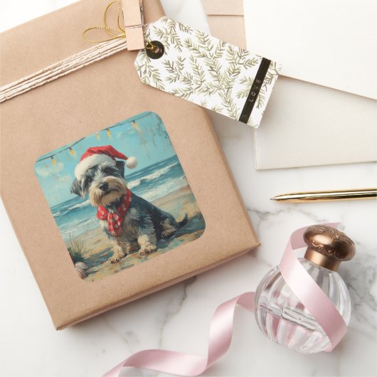 Schnauzer Dog Christmas  Beach Vierkante Sticker (Geschenken)