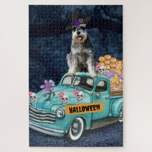 Schnauzer Dog Halloween Truck Scary Night Legpuzzel