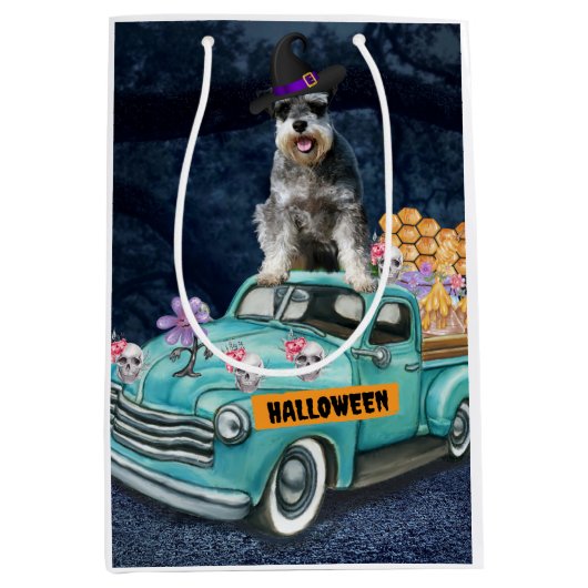 Schnauzer Dog Halloween Truck Scary Night Medium Cadeauzakje (Voorkant)