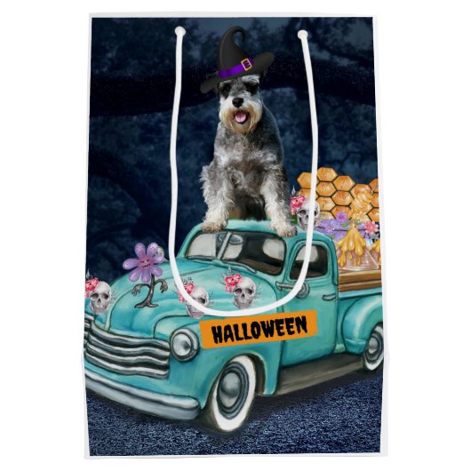 Schnauzer Dog Halloween Truck Scary Night Medium Cadeauzakje (Achterkant)