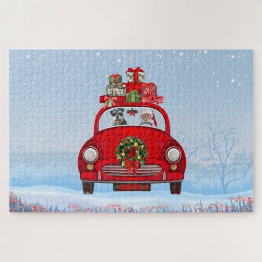 schnauzer Dog in auto met kerstman Legpuzzel (Horizontaal)