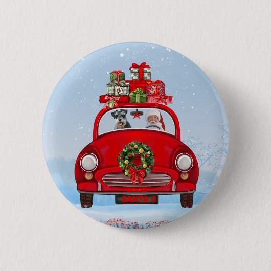schnauzer Dog in auto met kerstman Ronde Button 5,7 Cm (Voorkant)