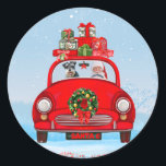 schnauzer Dog in auto met kerstman Ronde Sticker<br><div class="desc">De kerstcadeauauto met kerstcadeautjes met een hond is een perfect kerstcadeauidee voor je hondenliefhebber vrienden. Dit is zeker een kerstdecor en cadeauidee voor deze kerst.</div>