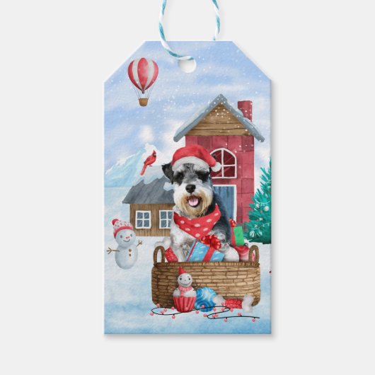 Schnauzer Dog in het sneeuwkersthuis Cadeaulabel (Voorkant)