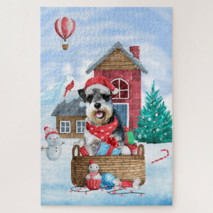 Schnauzer Dog in het sneeuwkersthuis Legpuzzel