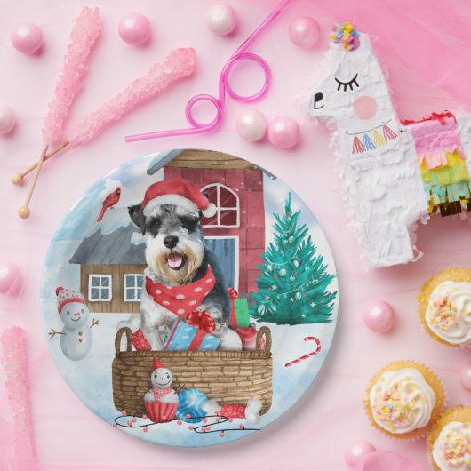 Schnauzer Dog in het sneeuwkersthuis Papieren Bordje (Feest)