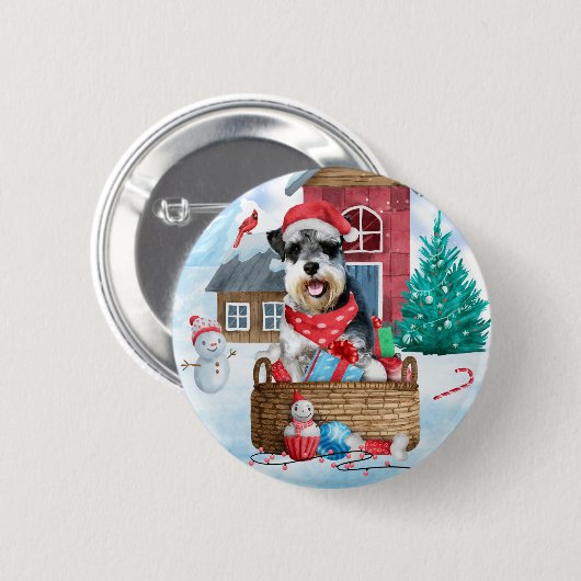 Schnauzer Dog in het sneeuwkersthuis Ronde Button 5,7 Cm (Voorkant /achterkant)