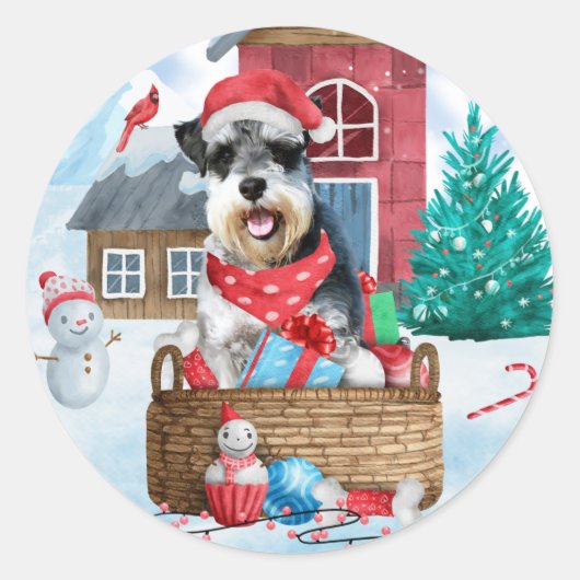 Schnauzer Dog in het sneeuwkersthuis Ronde Sticker (Voorkant)