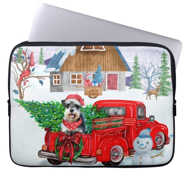 Schnauzer Dog in kerstcadeauwagen Laptop Sleeve (Voorkant)