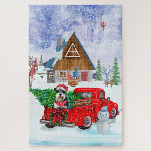 Schnauzer Dog in kerstcadeauwagen Legpuzzel