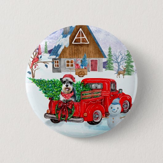 Schnauzer Dog in kerstcadeauwagen Ronde Button 5,7 Cm (Voorkant)