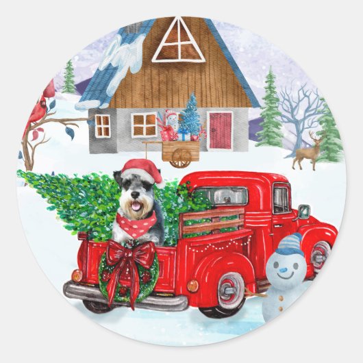 Schnauzer Dog in kerstcadeauwagen Ronde Sticker (Voorkant)