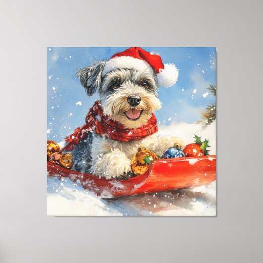 Schnauzer Dog in Sledge Let It Snow Christmas Canvas Afdruk (Voorkant)