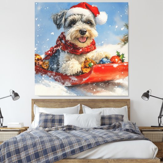 Schnauzer Dog in Sledge Let It Snow Christmas Canvas Afdruk (Insitu (Slaapkamer))
