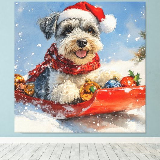 Schnauzer Dog in Sledge Let It Snow Christmas Canvas Afdruk (Insitu (Houten vloer))