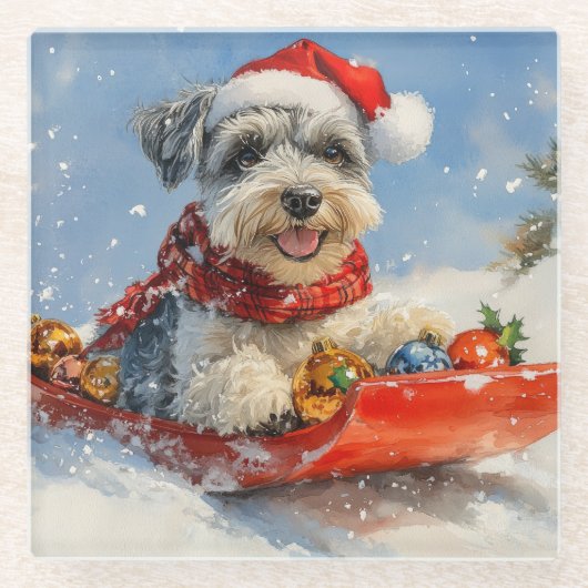 Schnauzer Dog in Sledge Let It Snow Christmas Glazen Onderzetter (Voorkant)