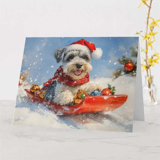 Schnauzer Dog in Sledge Let It Snow Christmas Kaart (Gele Bloem)