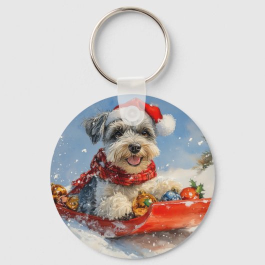 Schnauzer Dog in Sledge Let It Snow Christmas Sleutelhanger (Voorkant)