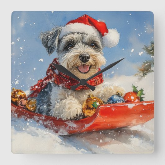 Schnauzer Dog in Sledge Let It Snow Christmas Vierkante Klok (Voorkant)