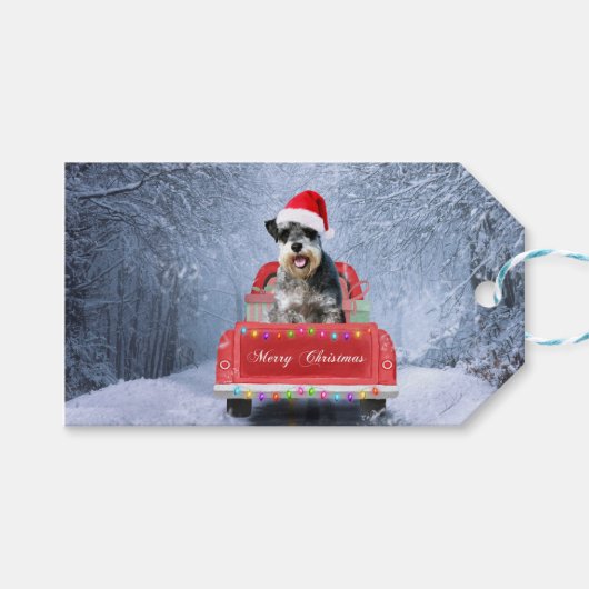 Schnauzer Dog in sneeuw, met kerstmis Cadeaulabel (Voorkant (Horizontaal))