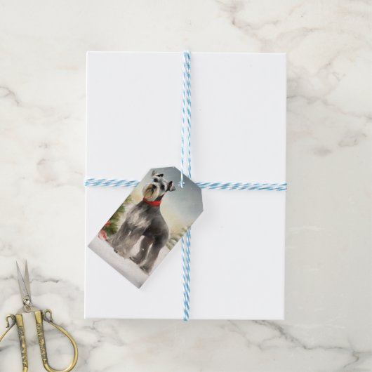 Schnauzer Dog in sneeuwkerst Cadeaulabel (Met Touw)