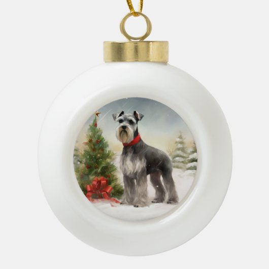 Schnauzer Dog in sneeuwkerst Keramische Bal Ornament (Voorkant)