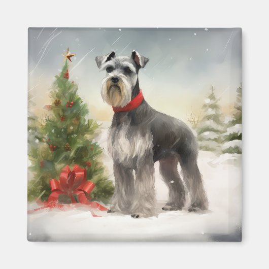 Schnauzer Dog in sneeuwkerst Magneet (Voorkant)