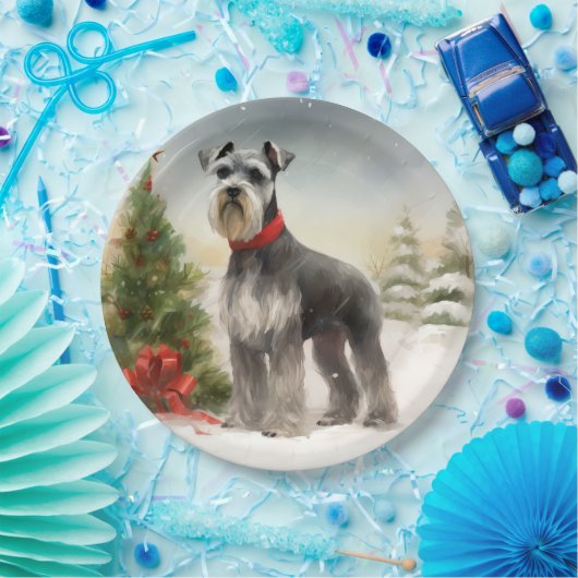 Schnauzer Dog in sneeuwkerst Papieren Bordje (Feest)