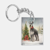 Schnauzer Dog in sneeuwkerst Sleutelhanger (Voorkant Links)