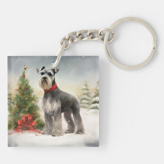 Schnauzer Dog in sneeuwkerst Sleutelhanger (Achterkant)