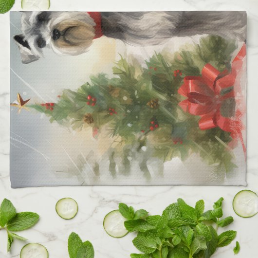 Schnauzer Dog in sneeuwkerst Theedoek (Gevouwen)